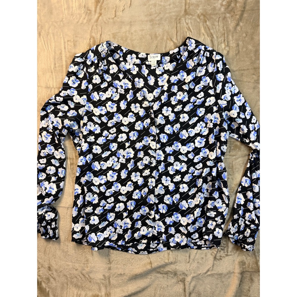 J.Crew Womens Floral Button Down Blouse Blue White Black Smocked Cuff‎ Size 12
